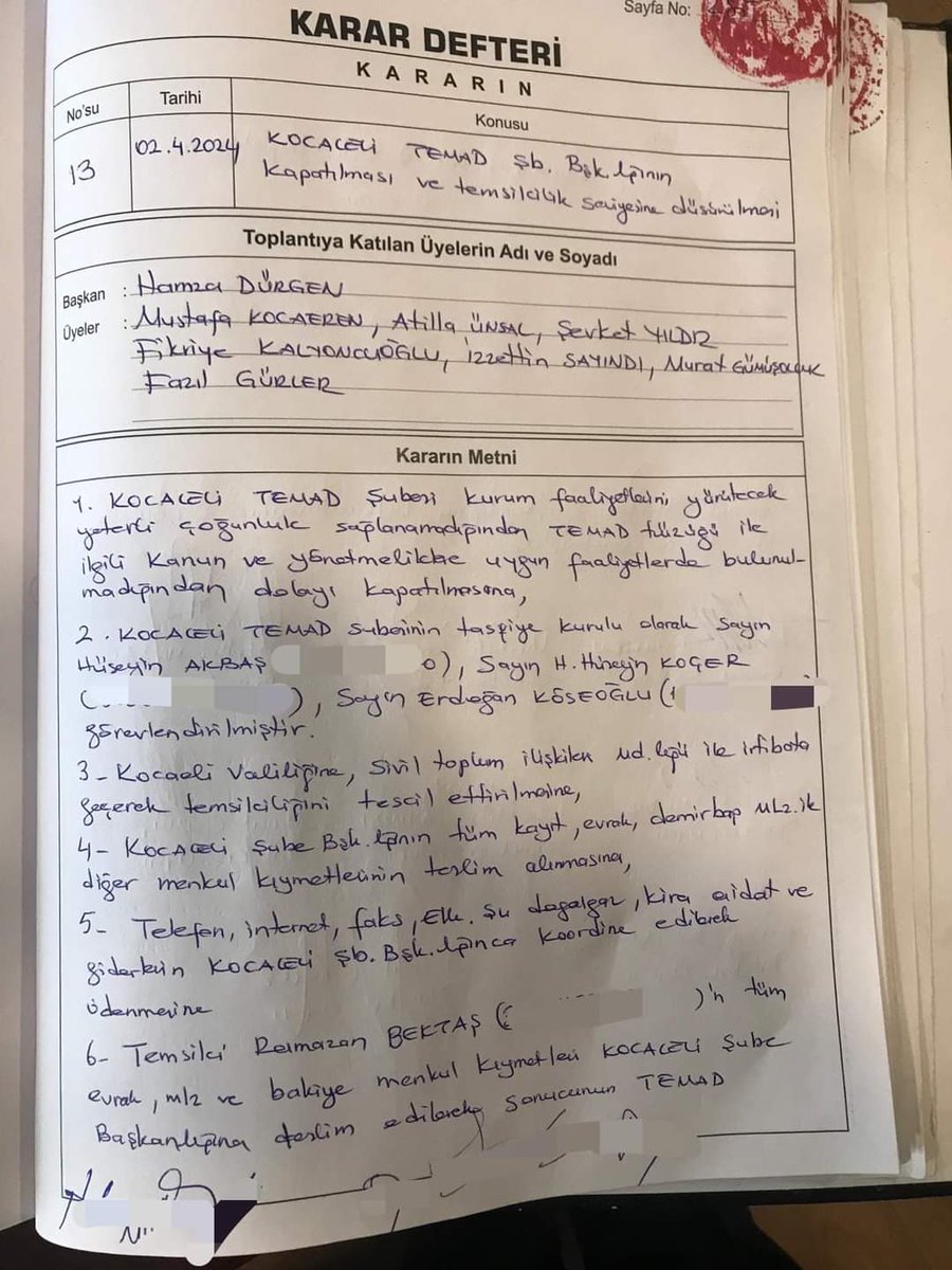 1️⃣TEMAD Kocaeli şubesi ,TEMAD Genel Merkez yönetim kurulunun  2 Nisan 2024 tarihli ve  13 nolu kararı ile kapatılmasına karar verilmiş.
Birinci madde de bu husus :
"1. KOCAELİ TEMAD Şubesi kurum faaliyetlerini yürütecek yeterli çoğunluk sağlanamadığından ...