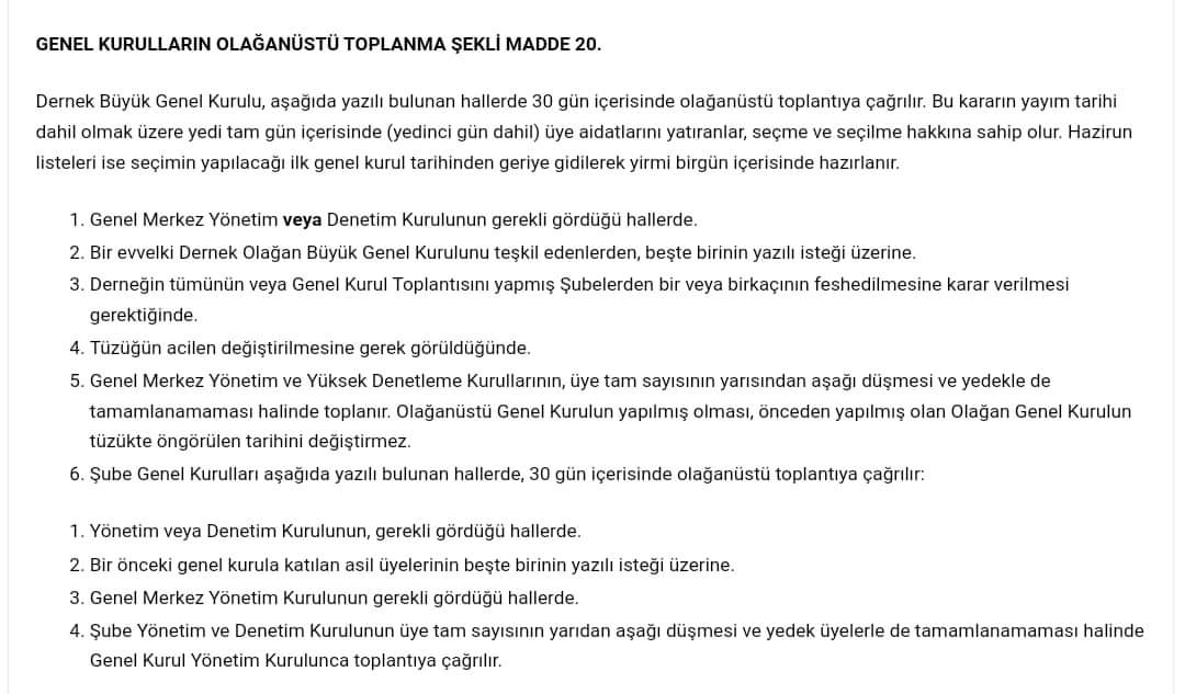 2️⃣TEMAD tüzüğü ile ilgili Kanun ve yönetmelikle uygun faaliyetlerde bulunulmadığından dolayı kapatılmasına," karar verildiği şeklinde belirtilmiştir.
Her ne kadar Tüzüğümüzün 20 nci maddesi alt bent 3 ncü maddesinde bu durumun  olağan üstü genel kurula götürülmesi