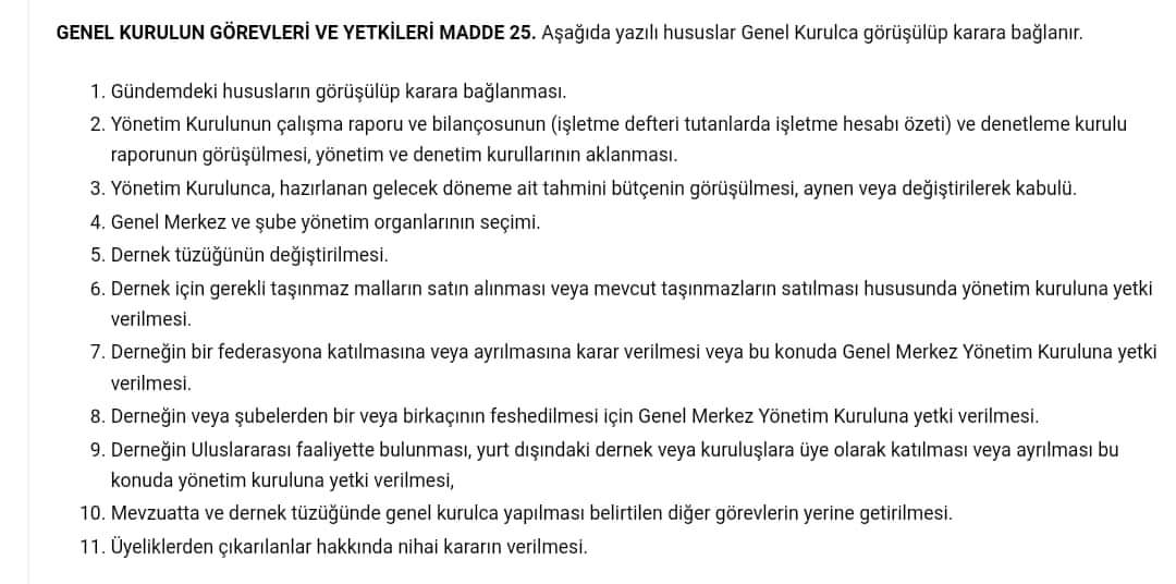 3️⃣gerektiğini yazsa da; yine tüzüğümüzün 25 nci maddesi alt bent 8 de :
"8. Derneğin veya şubelerden bir veya birkaçının feshedilmesi için Genel Merkez Yönetim Kuruluna yetki verilmesi."Yazmaktadır.

TEMAD ın 5 Aralık 2021 tarihinde yapılan 16 nci Olağan Genel
