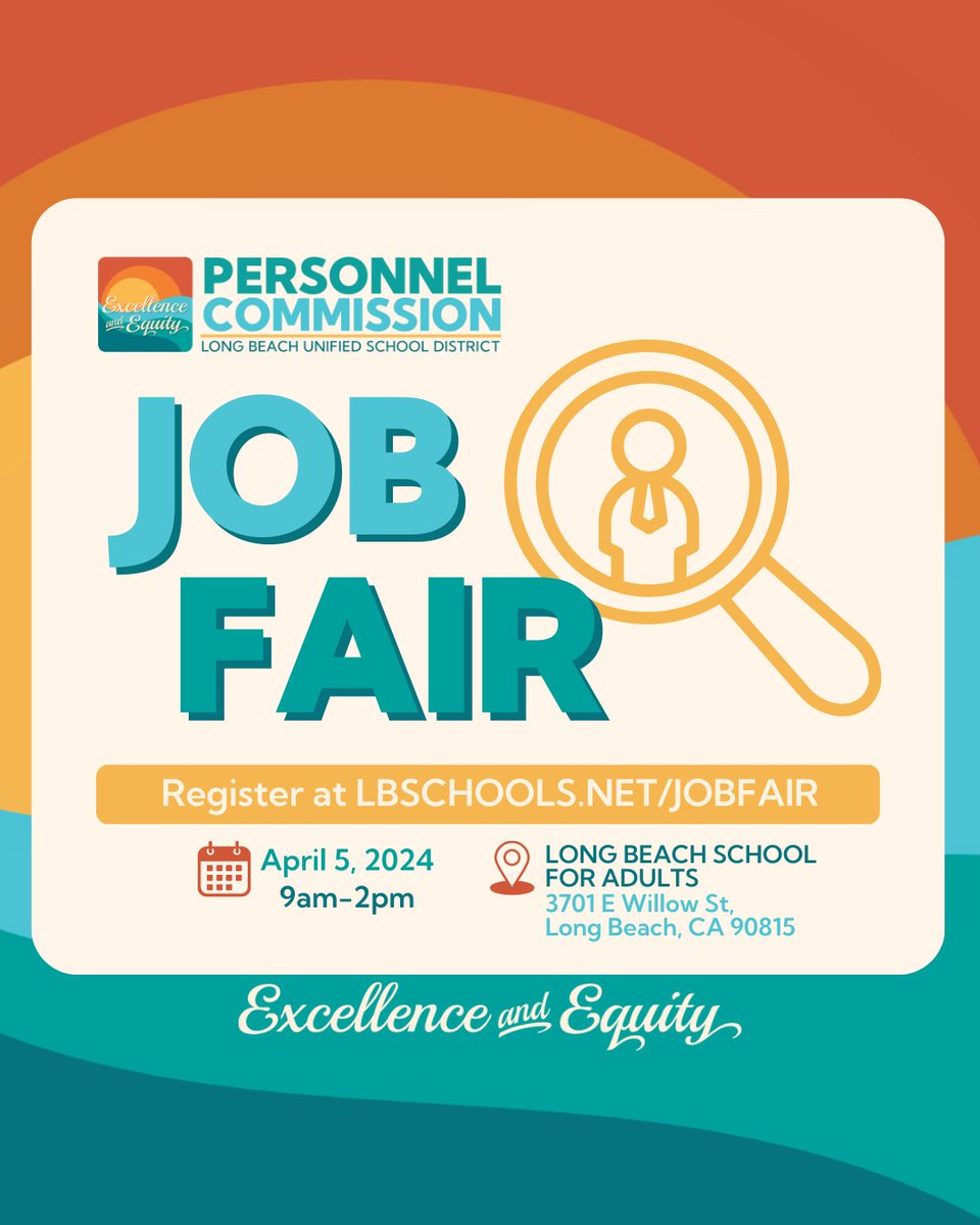 '🎓 Join us at the Long Beach Unified School District Job Fair! Explore exciting Classified Employee opportunities and shape the future with us! 🗓️ Fri, April 5th, 9AM-2PM ➡️ 3701 E Willow St, Long Beach, CA 90815. RSVP: lbschools.net/jobfair #LBUSD #JobFair #LongBeachJobs'