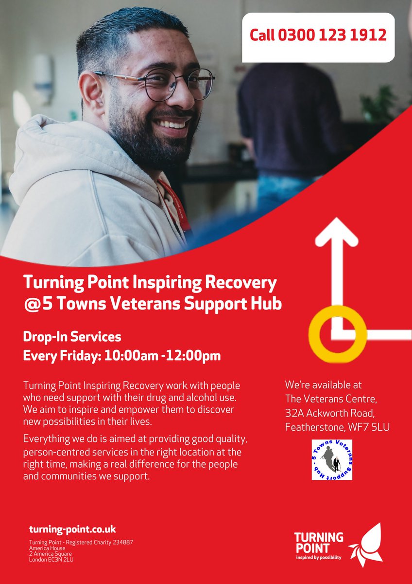 Our #InspiringRecovery team does #DropIn sessions across centres in #Wakefield including *5 Towns Veterans Support Hub* &amp; offer free assistance to individuals struggling with drug and/or alcohol dependency. 

Please feel free to contact our team to learn more or visit the hub. 👇