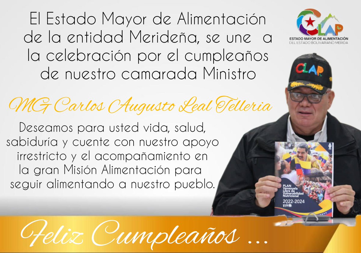 Feliz cumpleaños a nuestro camarada Ministro MG Carlos Leal Telleria, desde el Estado mayor de la entidad Merideña reiteramos nuestro apoyo irrestricto. 

Deseamos para usted vida, salud, sabiduría para seguir acompañando a nuestro pueblo organizado en los #CLAP 
<a href="/LealTelleria/">M/G Carlos Leal Tellería</a>