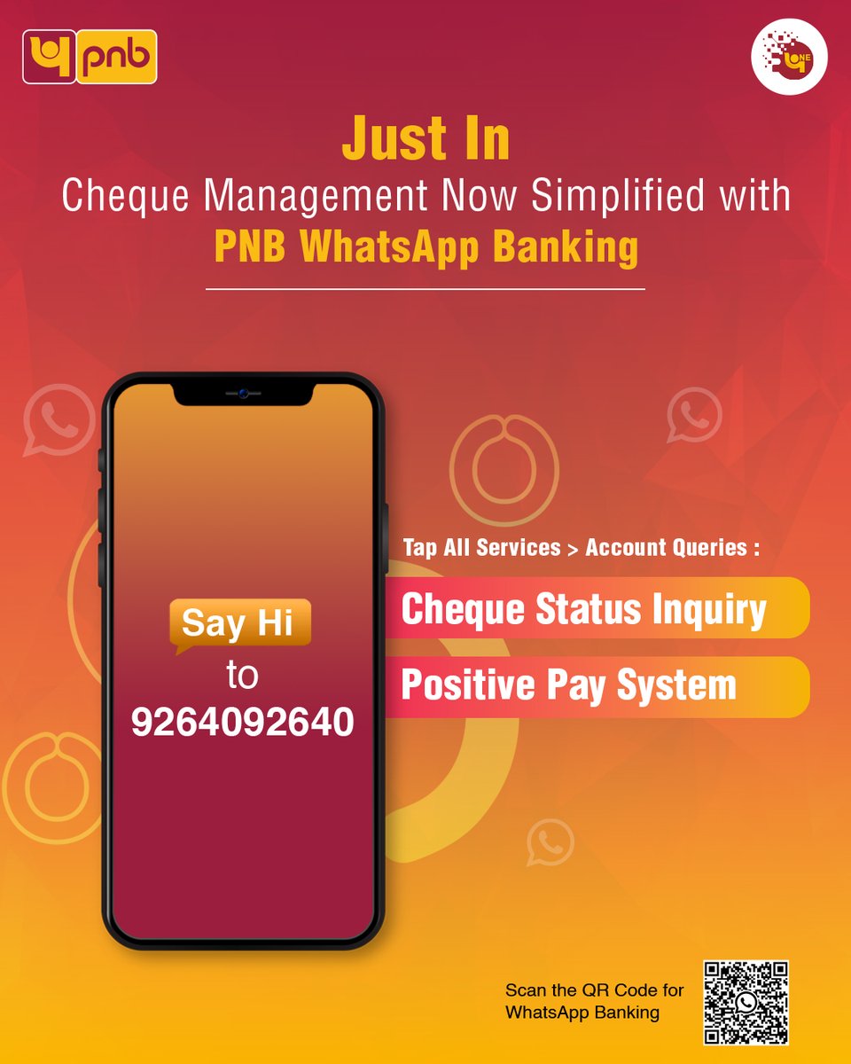 Check out the newly added ‘Cheque Safety & Inquiry’ features on PNB WhatsApp Banking!

For more info on PNB WhatsApp Banking, visit: pnbindia.in/Banking-Servic…

#WhatsappBanking #Banking #Whatsapp #MessageNow #PNB #Digital