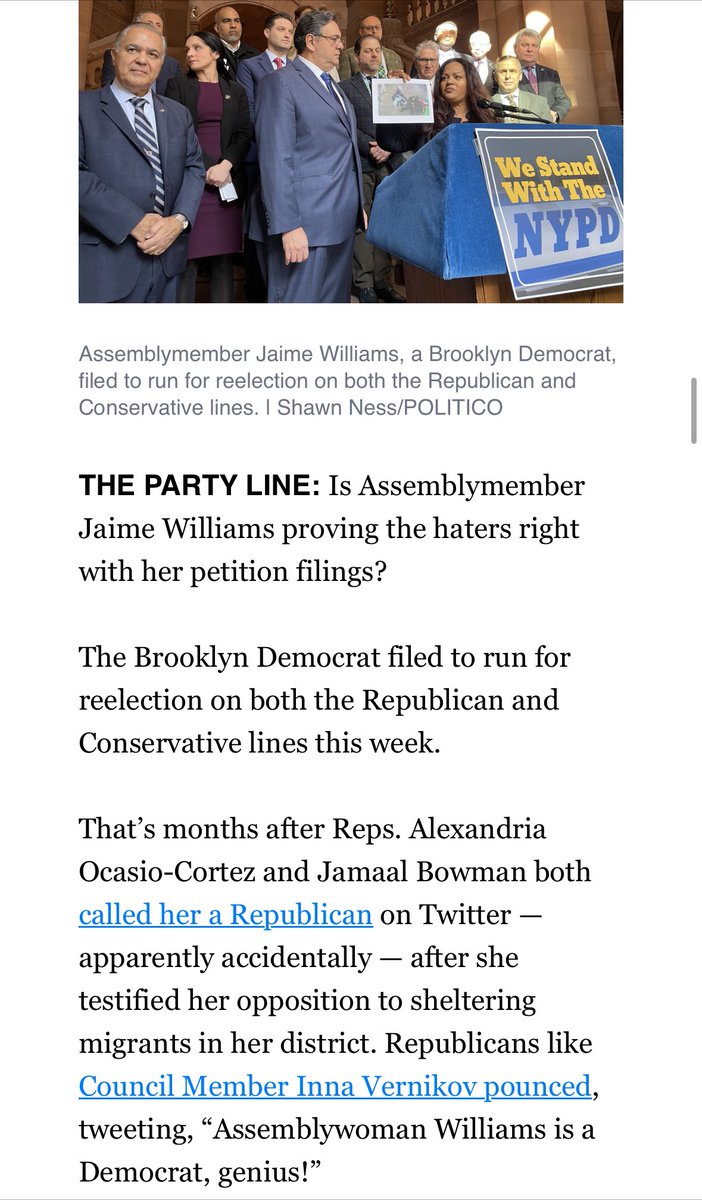 Assemblymember Jaime Williams is kind of a Republican after all? She’s in a Biden +50 district, but she’s filed to run on the GOP and Conservative lines too. With @EmilyNgo: politico.com/newsletters/ne…