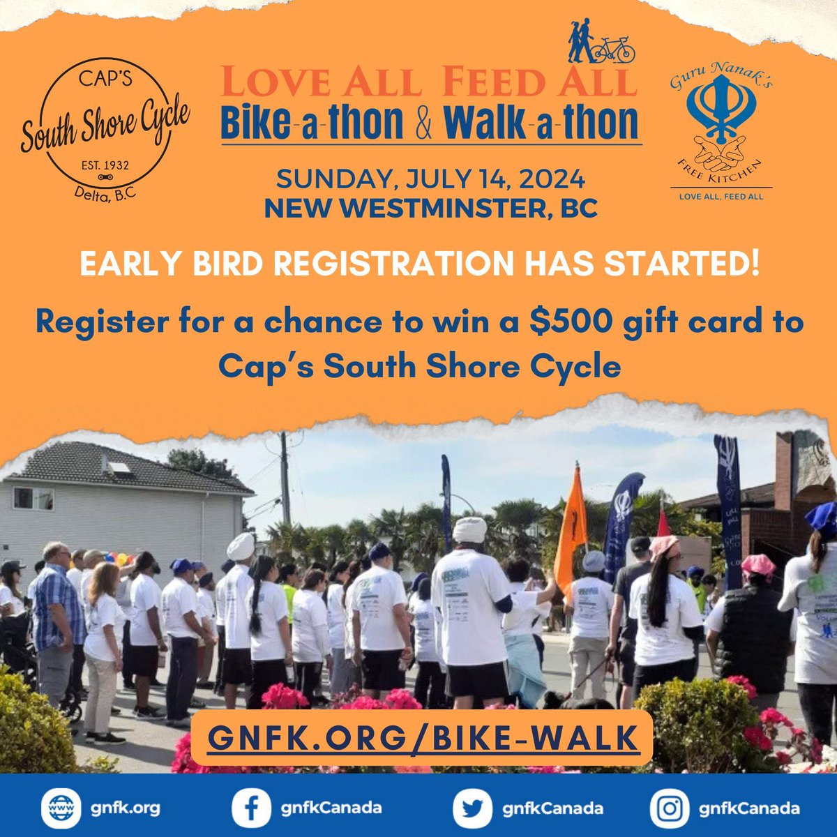 Get ready! Early bird registration for our 4th Annual Bike-A-Thon and Walk-A-Thon is open! Register before June 16 for a chance to win a $500 gift card at @CapsSouthShore! Visit gnfk.org/bike-walk to register. #makeadifference #gnfkvancouver #bikeathon #walkathon