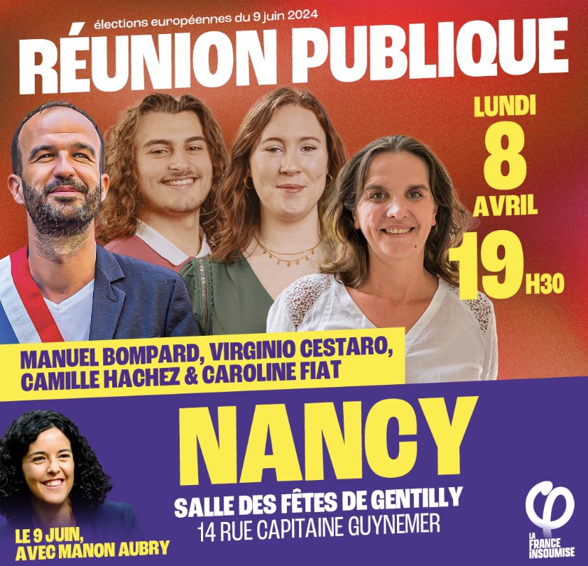 L’#UnionPopulaire en réunion publique dans plus de 60 villes partout en France ✊ On se donne rendez-vous le 8 avril à Nancy en compagnie de @CarolineFiat54, @Camille_Hachez & @mbompard ⚡️