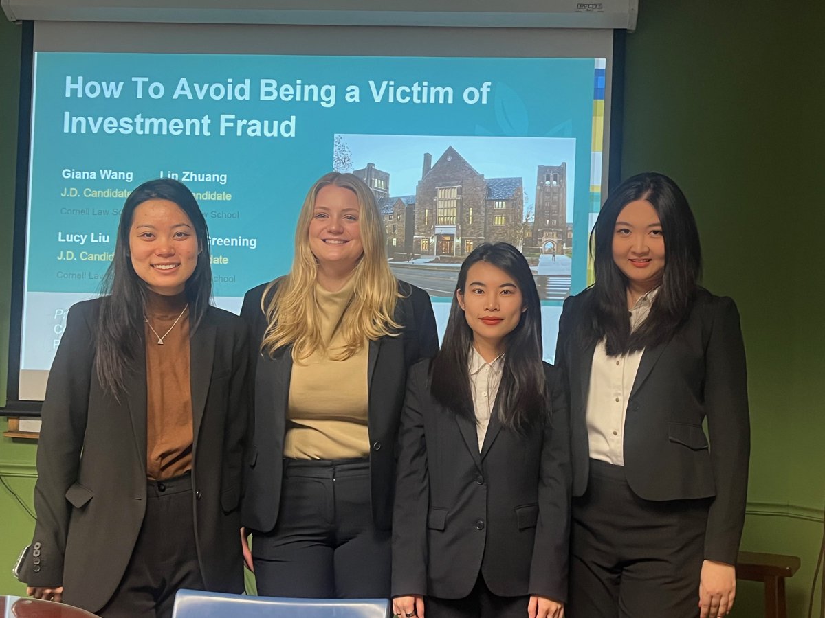 Students in Cornell Law School’s Securities Law Clinic gave a public presentation on investment fraud schemes that target seniors, investment red flags, and how to background check investment professionals. #CornellLaw #CornellLawClinics