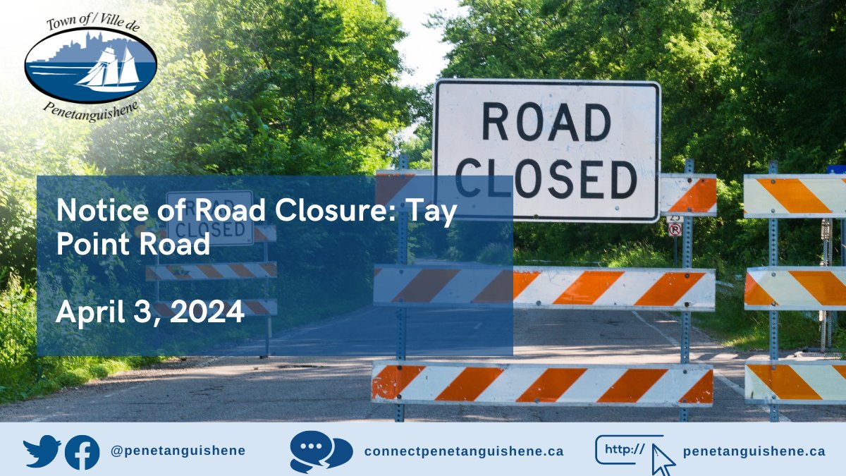 🌲Public Works will be closing a section of Tay Point Road between Fuller Avenue and Zoschke Drive, today, April 3, 2024, at 1:00 PM for the removal of a tree. This work is expected to take less than one hour to complete. Notice: ow.ly/2t8f50R7Alz