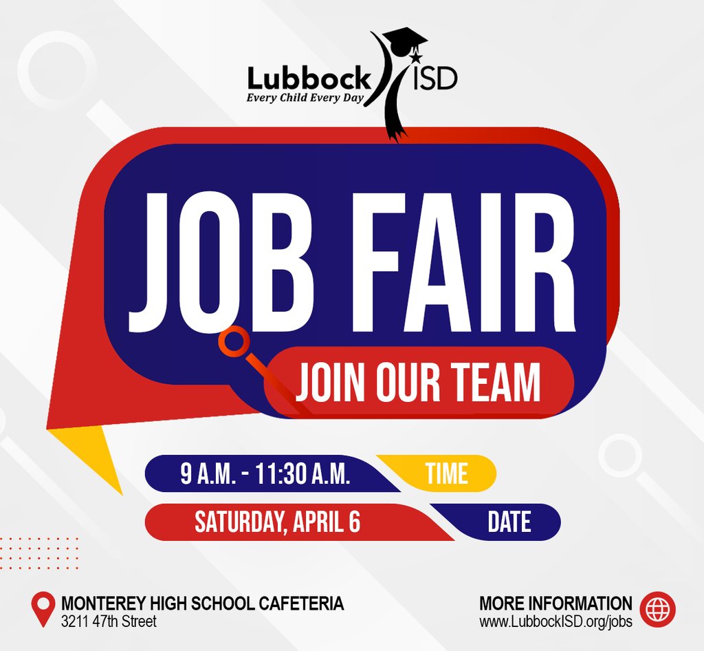 🚨 CALLING ALL FUTURE LUBBOCK ISD EMPLOYEES! 🚨 Mark your calendars and join us for our Job Fair on April 6! Jobs will be offered onsite and no pre-registration is required. 🗓️- Saturday, April 6 ⏰- 9-11:30 AM 📍- Monterey High School | 3211 47th Street