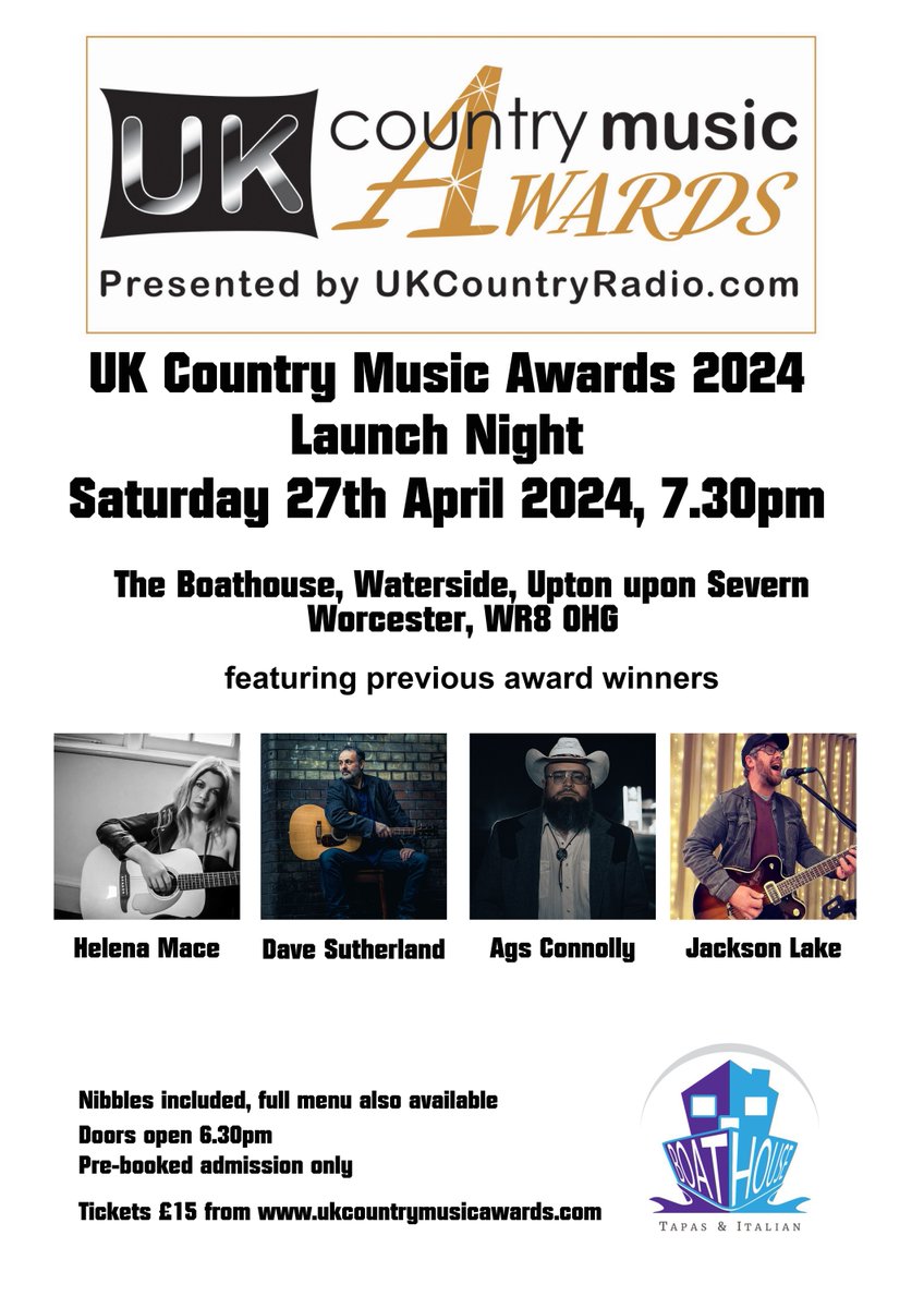 Saturday 27th April it's the launch of The 2024 UK Country Music Awards Come and join us at our launch at The BoatHouse, Upton on Severn, with live performances from: @ConnollyAgs @thedavesutherl1 @helenamace_official Jackson Lake Get tickets here 👇 buff.ly/3U1xWyv