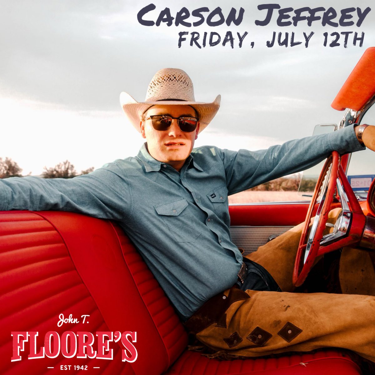 John T. Floore's (@floores) on Twitter photo Concert Announcement! Friday, July 12th! Don’t miss <a href="/carson__jeffrey/">Carson Jeffrey</a> back at Floore’s. Tickets go on sale Friday at 10am here: bit.ly/3xgrhHI Concert Announcement! Friday, July 12th! Don’t miss <a href="/carson__jeffrey/">Carson Jeffrey</a> back at Floore’s. Tickets go on sale Friday at 10am here: bit.ly/3xgrhHI