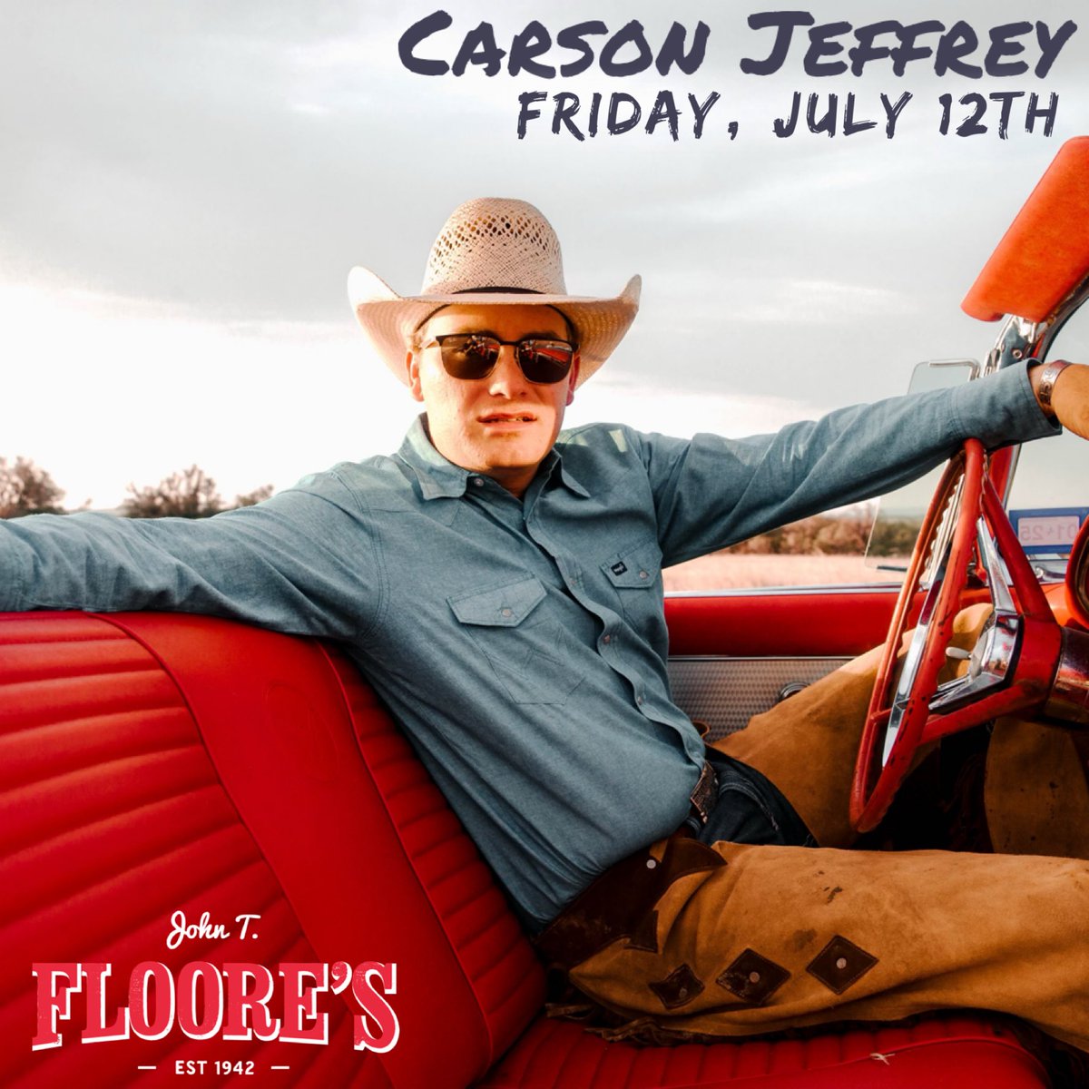 Concert Announcement! Friday, July 12th! Don’t miss @carson__jeffrey back at Floore’s. Tickets go on sale Friday at 10am here: bit.ly/3xgrhHI