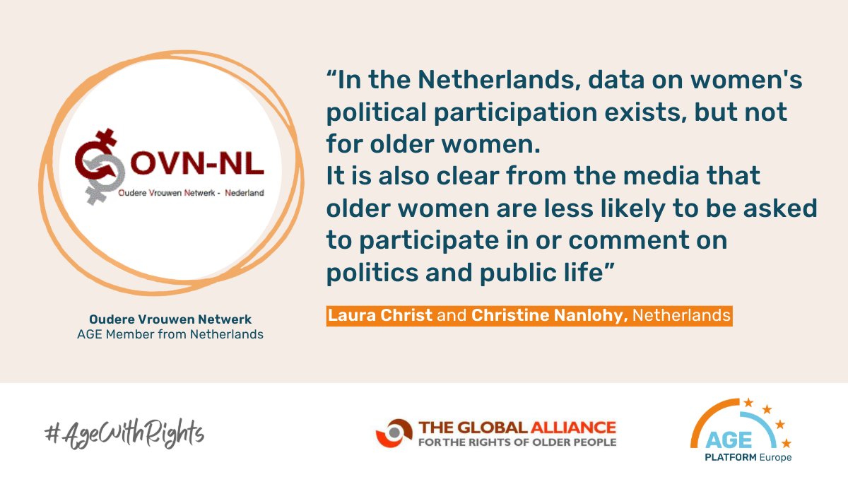 AGE Platform Europe (@age_platformeu) on Twitter photo ⏰It’s time to make older women visible. It’s time to #AgeWithRights!
Check out the testimony from Laura Christ and Christine Nanlohy from Oudere Vrouwen Netwerk.
👉Sign the petition & call on your government to support a new UN convention: bit.ly/Petition_UNCon…
<a href="/GAROP_Sec/">Global Alliance</a> ⏰It’s time to make older women visible. It’s time to #AgeWithRights!
Check out the testimony from Laura Christ and Christine Nanlohy from Oudere Vrouwen Netwerk.
👉Sign the petition & call on your government to support a new UN convention: bit.ly/Petition_UNCon…
<a href="/GAROP_Sec/">Global Alliance</a>