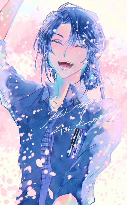 「blue hair falling petals」 illustration images(Latest)