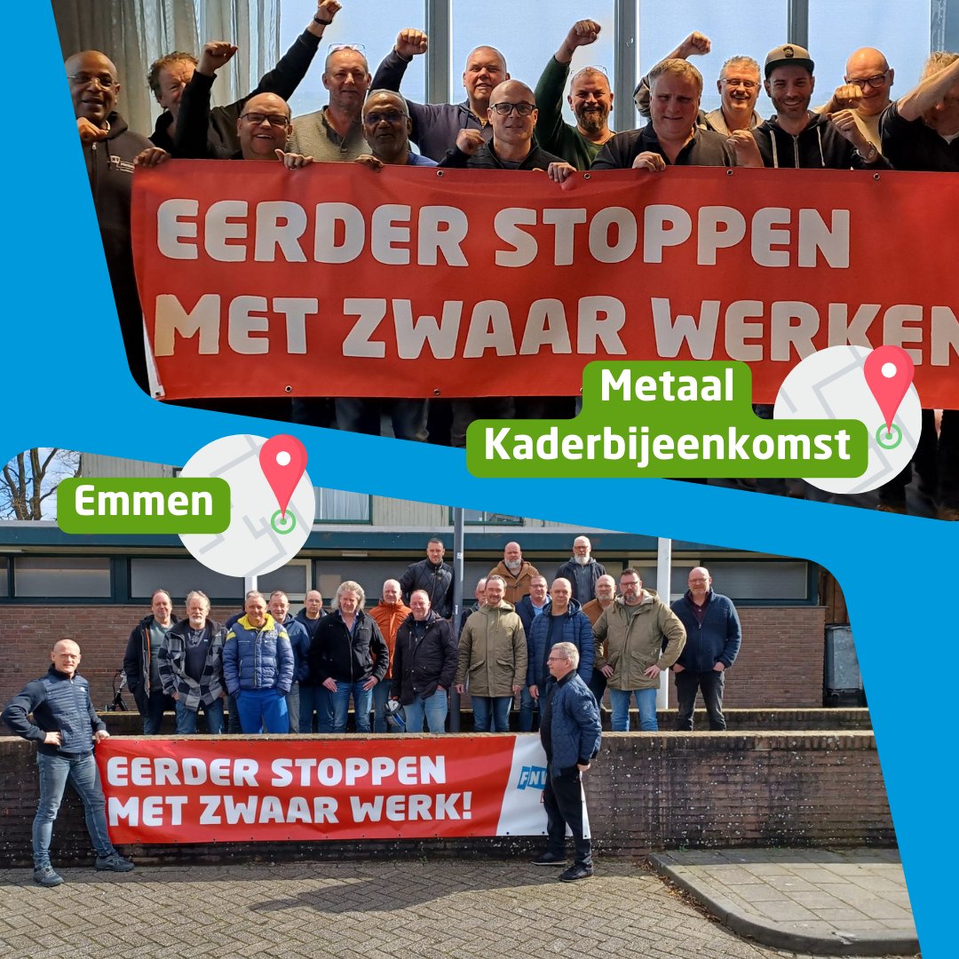 FNV's tweet photo. Overtuig je werkgever om ons plan voor de verbeterde Regeling Vervroegd Uittreden te steunen! Meer info op https://t.co/i0iOrYQPF0. De afgelopen twee weken zijn er o.a. de volgende acties gevoerd!

#zwaarwerk #eerderstoppen #fnv #actievoeren https://t.co/DFJnt9l4E6