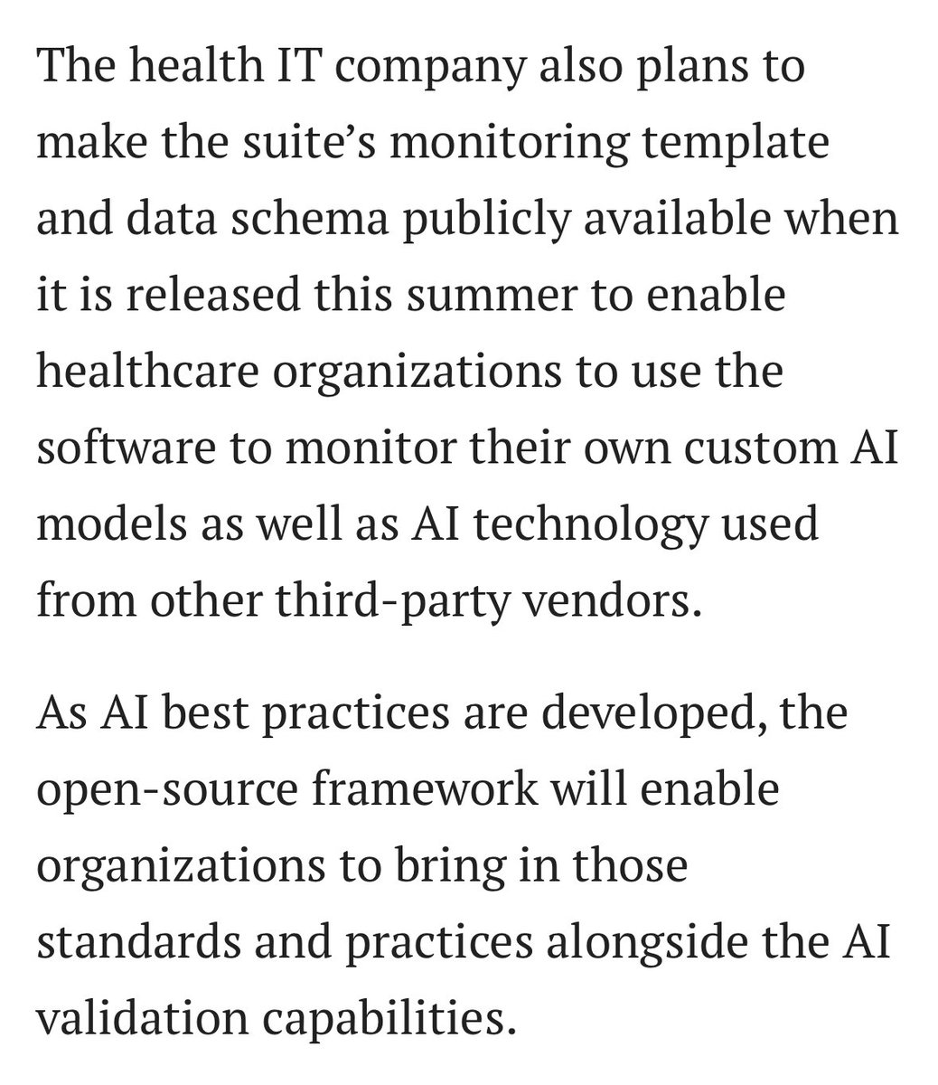 While evaluation is challenging for many reasons (outcome and predictor definitions, time stamps, use case diffs), releasing open-source software to better standardize evals is 100% the right move by Epic. Opens work up to both critique and improvement. fiercehealthcare.com/ai-and-machine…