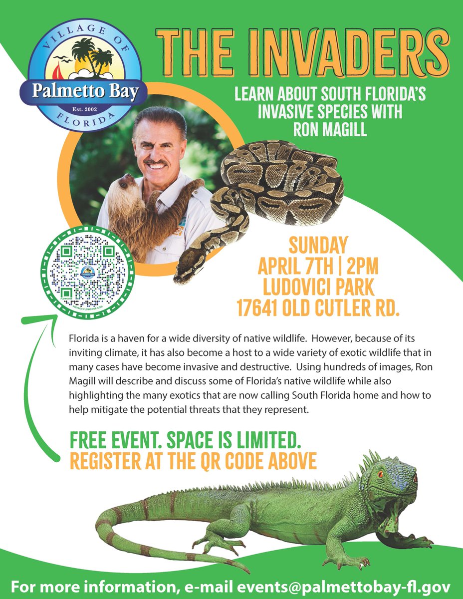 PalmettoBayVlg's tweet photo. The one and only Ron Magill is coming to Ludovici Park on April 7 for a special talk about invasive species. We hope to see you there!

#WeLovePB #TeamPB #PalmettoBayProud #PBalwaysworkingforyou https://t.co/9N5xKCcYOY