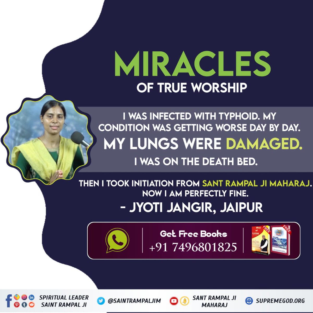 #GodNightWednesday #Facts_About_EasterSunday I WAS INFECTED WITH TYPHOID. MY CONDITION WAS GETTING WORSE DAY BY DAY. MY LUNGS WERE DAMAGED. I WAS ON THE DEATH BED. THEN I TOOK INITIATION FROM SANT RAMPAL JI MAHARAJ. NOW I AM PERFECTLY FINE. - JYOTI JANGIR, JAIPUR