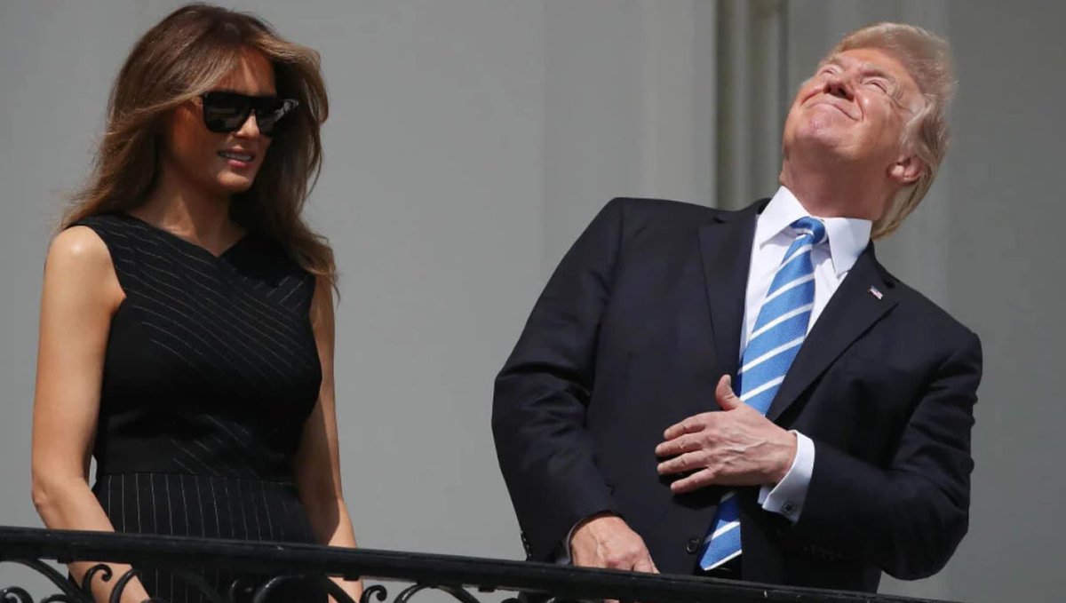 The stable genius looking directly at the eclipse in 2017. Maybe he’ll do it again Monday and burn his brain the rest of the way into total dementia. 😂