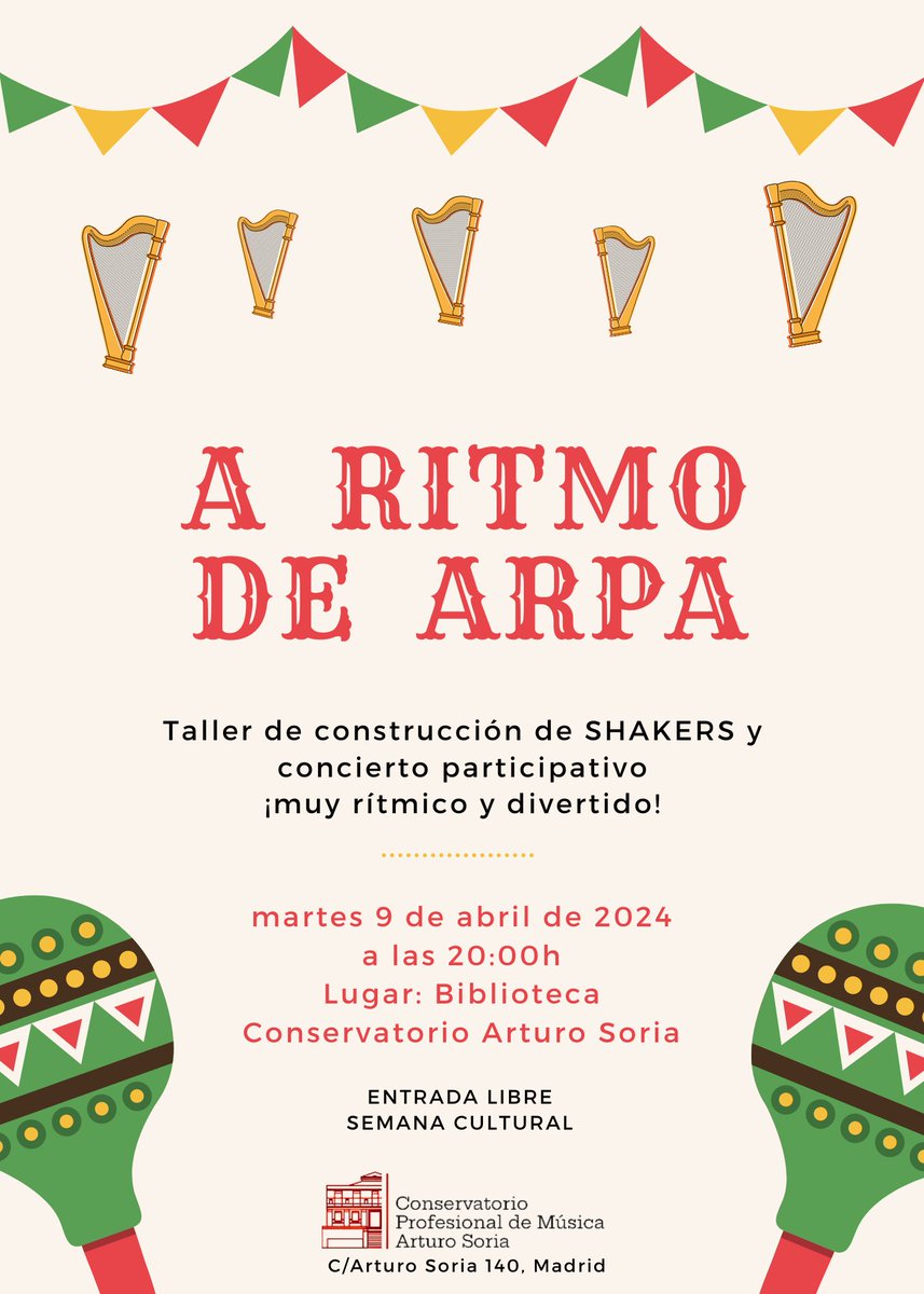 El martes que viene os invito al un Taller de construcción de Shakers y Concierto participativo titulado "A RITMO DE ARPA" en el <a href="/CPM_ArturoSoria/">Conservatorio Profesional de Música Arturo Soria</a>, a las 20h. Alumnos y exalumnos de la clase de arpa del conservatorio. Os esperamos.

#Arpa #conciertogratuito #Conciertos #percusión