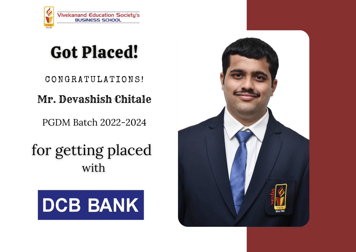 Congratulations Mr. Devashish Chitale of Batch 2022-24 who got placed at DCB Bank. Many Congrats on this next step in your career and all of the growth, connections and opportunities that come with it. #Placementdrive #placements #management #campusplacement #bschool #VBS #pgdm