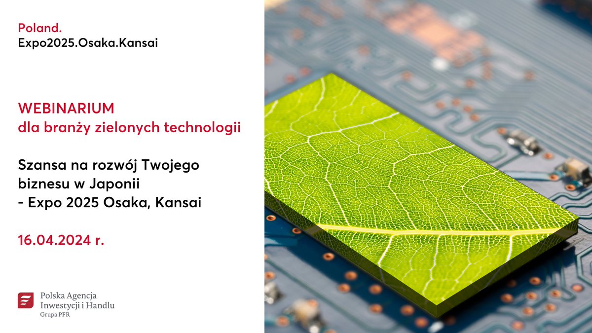 Przedsiębiorco! Już za niecałe 2 tyg. odbędzie się webinarium „Szansa na rozwój Twojego biznesu w Japonii – #Expo2025Osaka, Kansai” dla przedstawicieli branży zielonych technologii, którzy rozważają ekspansję na rynek japoński. Zapraszamy! Szczegóły: expo.gov.pl/news/webinariu…