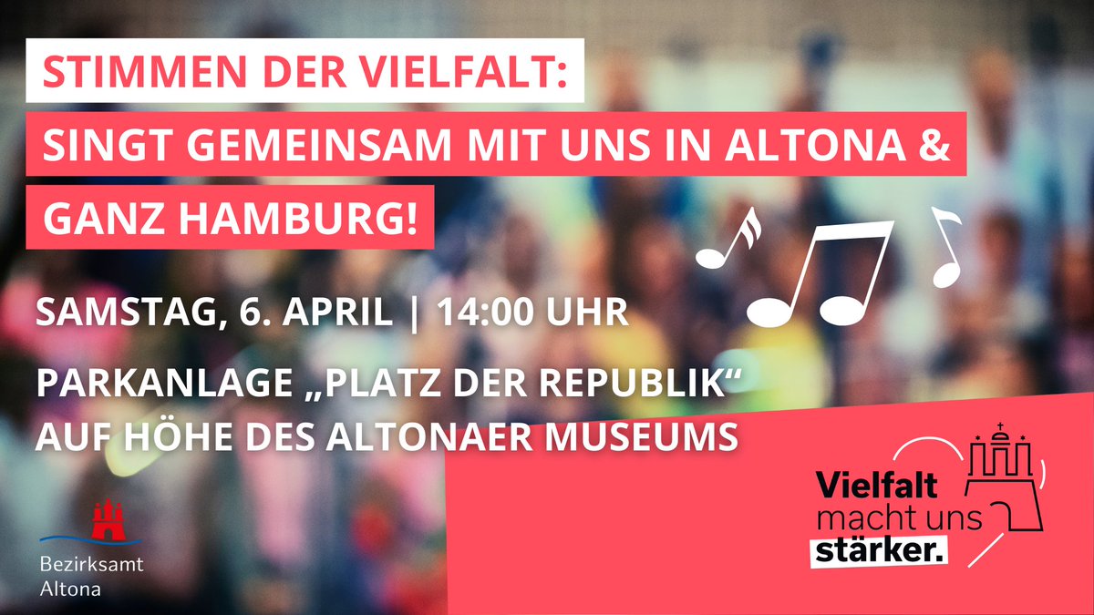 Ihr seid am Sa, 6.4. zusammen mit euren Familien und Freund:innen herzlich eingeladen, in #Altona und #Hamburg gemeinsam eure Stimme für Vielfalt zu erheben! Alle weiteren Termine & die Liedtexte findet ihr unter hamburg.de/vielfalt #VielfaltInHamburg #VielfaltMachtUnsStärker