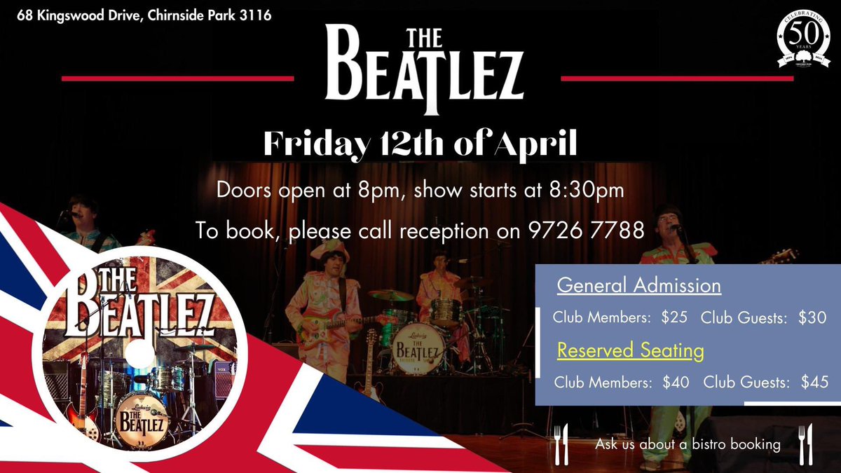 Get ready to twist and shout! 🎶 The Beatlez tribute show is hitting the stage at the Chirnside Park Country Club next Friday! Don't miss out on this electrifying performance. To secure your tickets, call the club on 9726 7788 today! 🎤✨ #BeatlezTribute