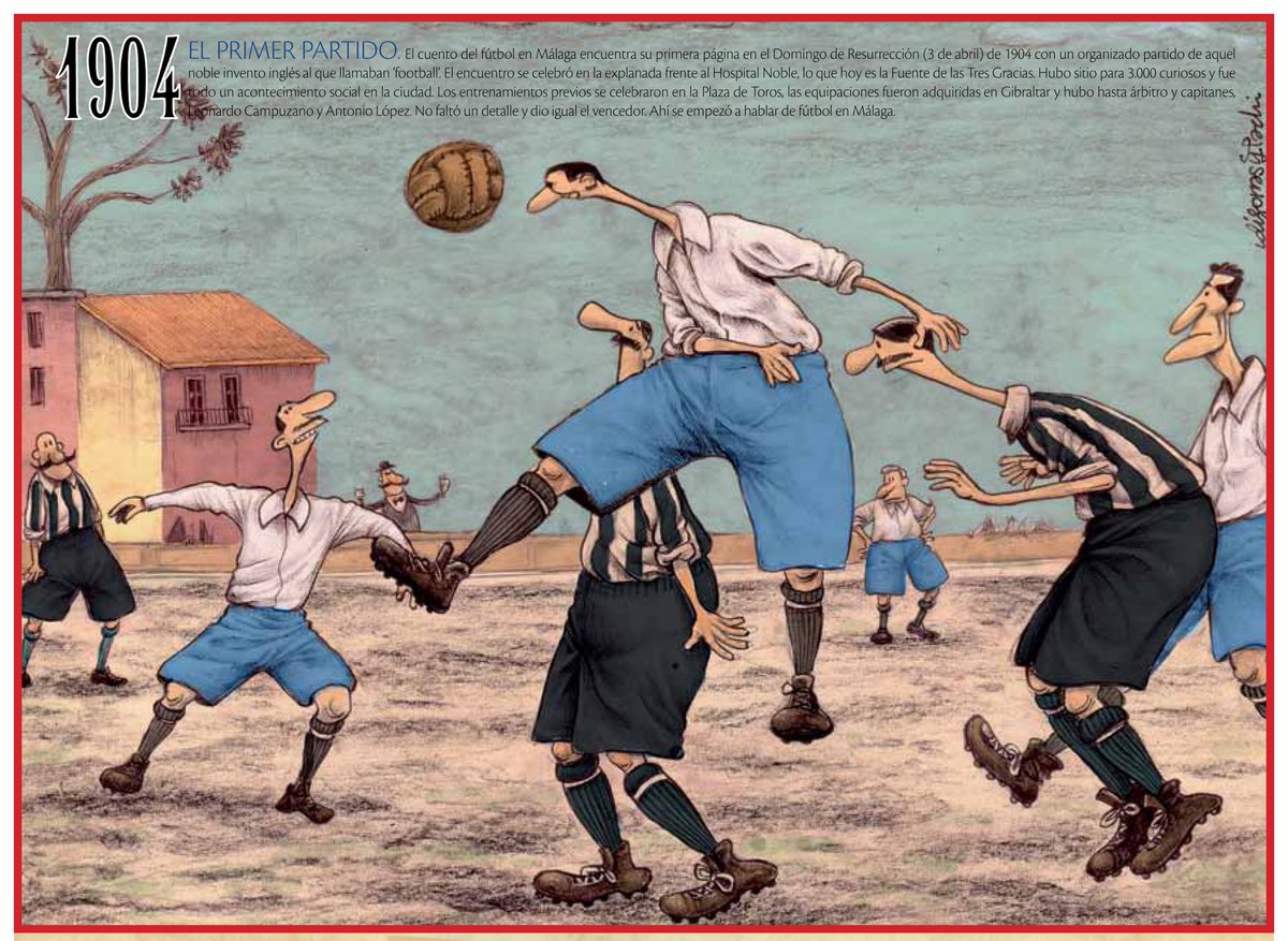 Estamos de cumpleaños! Abrimos hilo sobre los 120 años  de fútbol en Málaga, que se cumplen hoy. En esta primera lámina, una escena del primer partido celebrado un 3 de abril 1904 en la explanada del H. Noble
Los dibujos de Idígoras y <a href="/Pachi_Idigoras/">Pachi Idígoras</a> y los textos de <a href="/DaniMarin1/">Dani Marín</a>