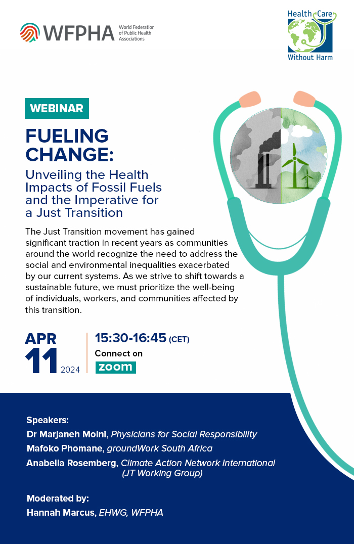 If you want to more about Fossil Fuels, Air Pollution, Health and the imperative for a Just Transition, you should attend the upcoming webinar during the Global Public Health Week on 11 April at 3.30 pm CET. Join us to listen from Dr Marjaneh Moini of Physicians for Social