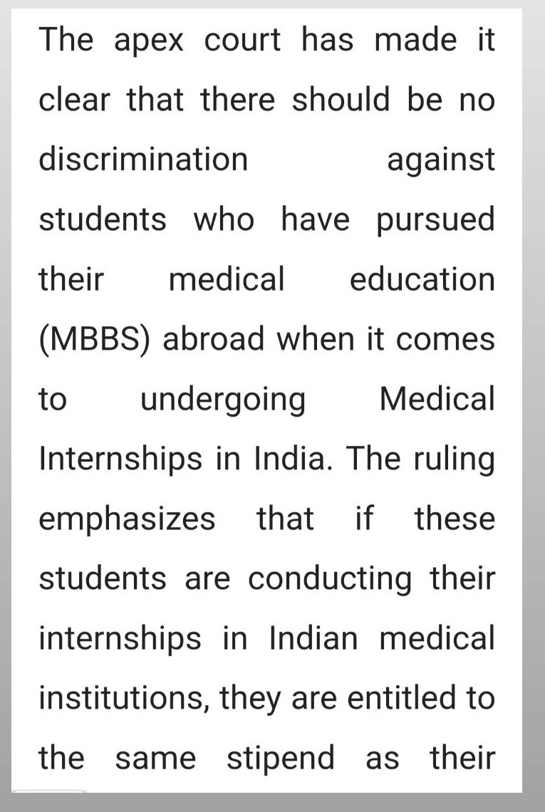 Indian Doctor🇮🇳 (@indian__doctor) on Twitter photo Supreme Court Orders Equal Stipends for Domestic and Foreign MBBS Interns in India
It's responsibility of <a href="/NMC_IND/">National Medical Commission</a> & state govt to regulate court orders as many Govt & Private colleges are denying to give stipend to Interns !!
#MedTwitter cc; <a href="/PMOIndia/">PMO India</a> <a href="/mansukhmandviya/">Dr Mansukh Mandaviya</a> Supreme Court Orders Equal Stipends for Domestic and Foreign MBBS Interns in India
It's responsibility of <a href="/NMC_IND/">National Medical Commission</a> & state govt to regulate court orders as many Govt & Private colleges are denying to give stipend to Interns !!
#MedTwitter cc; <a href="/PMOIndia/">PMO India</a> <a href="/mansukhmandviya/">Dr Mansukh Mandaviya</a>