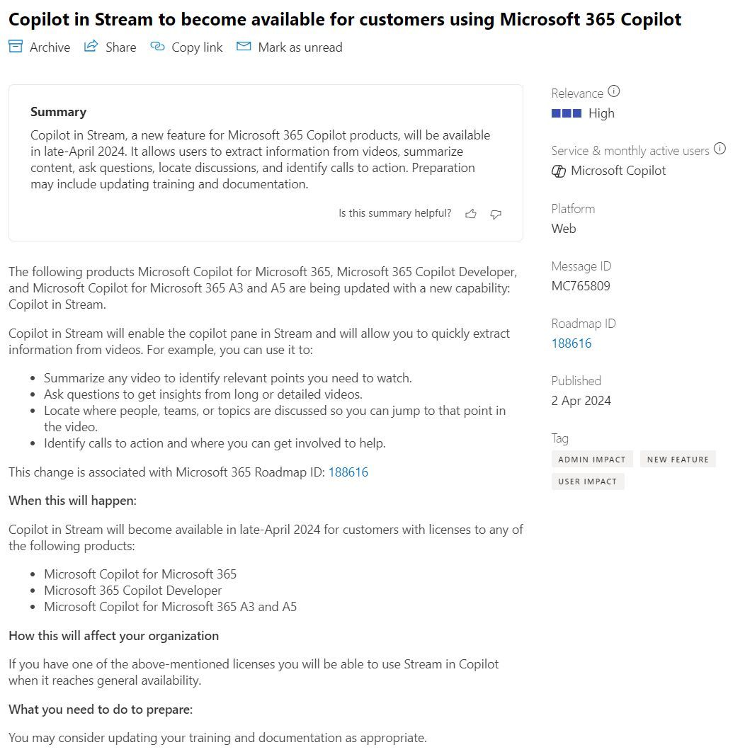 sfennah's tweet photo. Want to sumamrise that video in Stream? Coming later in April, with Copilot for Microsoft 365 you will be able to. (PS got to say I'm liking the new message center post formats)
#CopilotforMicrosoft365 #MicrosoftStream #MicrosoftCopilot #Microsoft365 https://t.co/q2efoHf9Bs