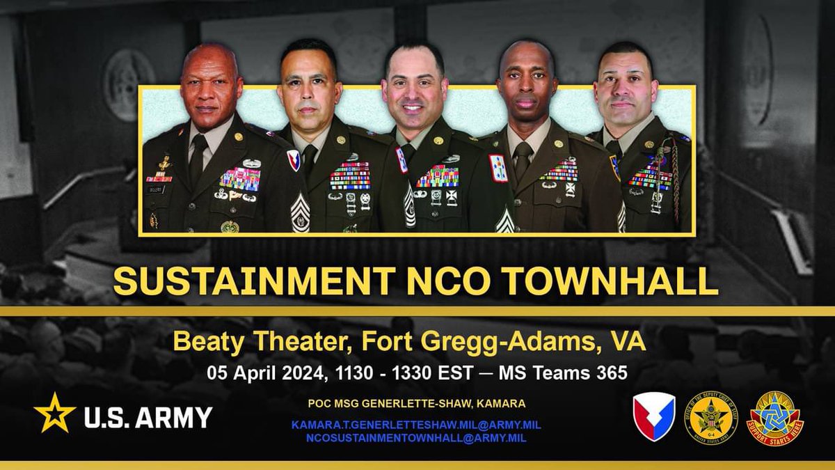 The week is finally here! Join us for the Sustainment NCO Townhall live at Beaty theater or virtually on April 5, at 1130.

#SupportStartsHere
#SustainmentNCOTownhall
#BeAllYouCanBe