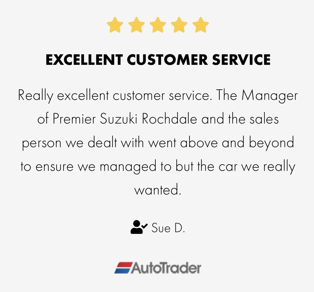 Thank you for your glowing review Sue! ⭐️⭐️⭐️⭐️⭐️

@SuzukiCarsUK 

#Suzuki #5starreview #customerfeedback #autotrader #PremierAutomotive #Rochdale #Manchester #GreaterManchester