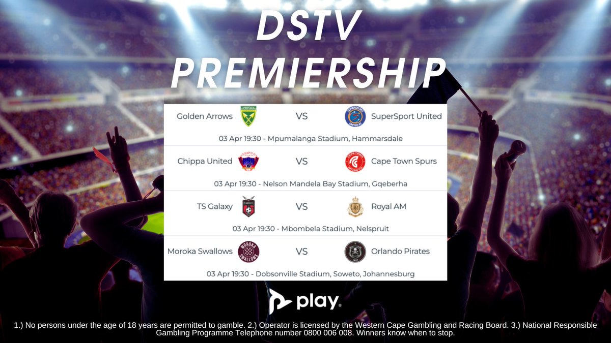 Who's your pick for these #DSTVPrem match ups today? 🙌🏼💰⚽️ 

19:30 - #GoldenArrows vs #SuperSportUnited
19:30 - #ChippaUnited vs #CapeTownSpurs
19:30 - #TSGalaxy vs #RoyalAM
19:30 - #MorokaSwallows vs #OrlandoPirates

🔗 BET NOW: play.co.za