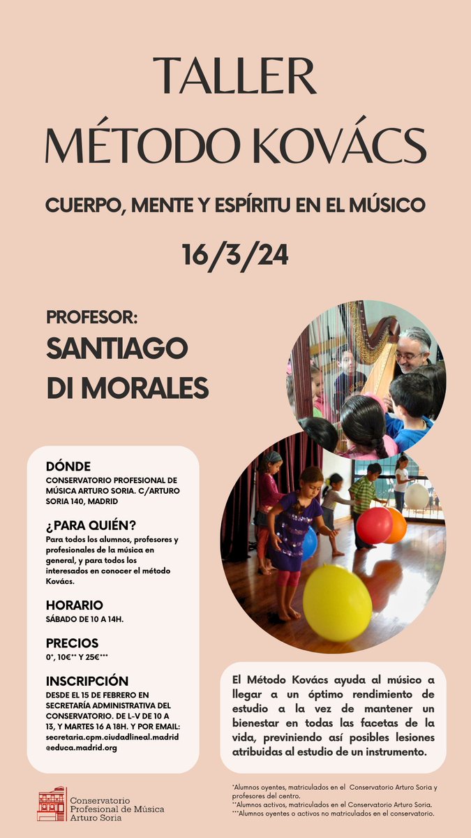 Algunas fotos del Taller de Método Kovács que tuvo lugar en el <a href="/CPM_ArturoSoria/">Conservatorio Profesional de Música Arturo Soria</a> con el profesor Santiago di Morales. Todo un aprendizaje sobre el movimiento natural y relajado de manos, brazos y cuerpo, aplicado al instrumento 🤩
#MetodoKovacs #arpa #Taller #relajación #pedagogía