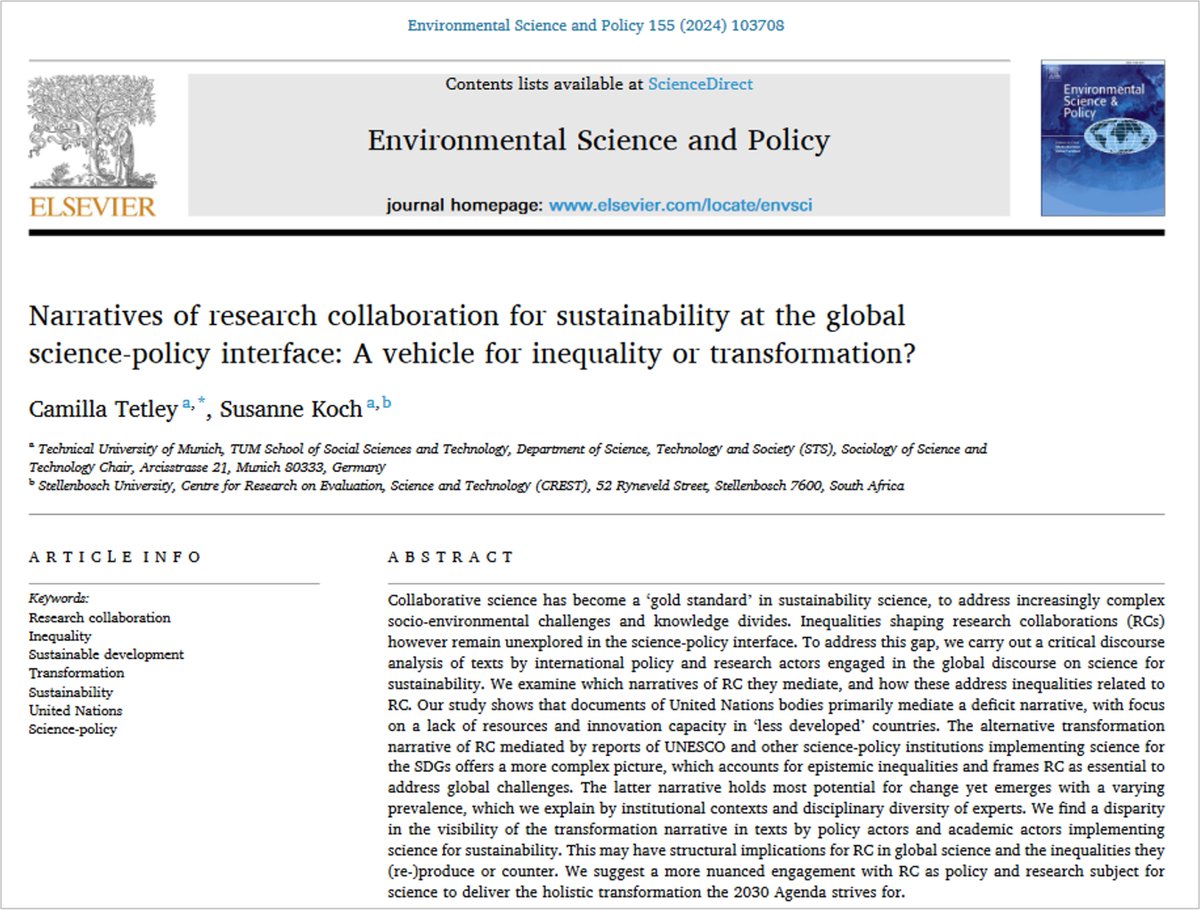 Tho’ #ResearchCollaboration is common, eg, in #SustainabilityScience, does it promote #inequality or #transformation? @CamillaTetley @TUM_STS & @sus_koch @CREST_SU analysed documents of UN bodies & found 3 themes, 1 of which emphasizes #KnowledgeDiversity doi.org/10.1016/j.envs…