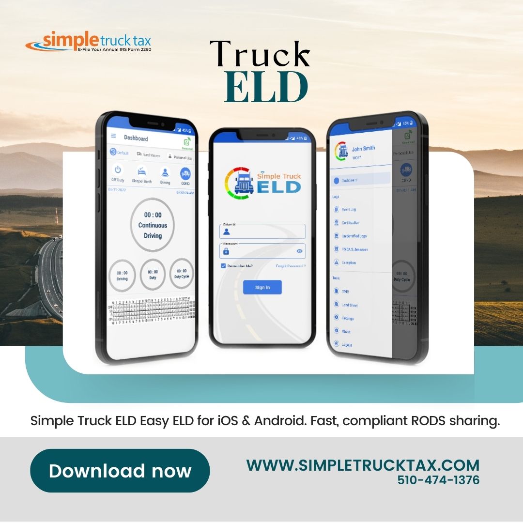 Easy ELD for Both IOS & Android Users for Truckers !!
simpletrucktax.com
#2290efiletips #trucktaxfiling #HeavyHighwayTax #IRS2290 #TaxSeasonTrucking #File2290Online #truckeld #TruckTaxReturns #Form2290 #RoadUseTax #2290Deadline #HeavyVehicleUseTax #Android #ios