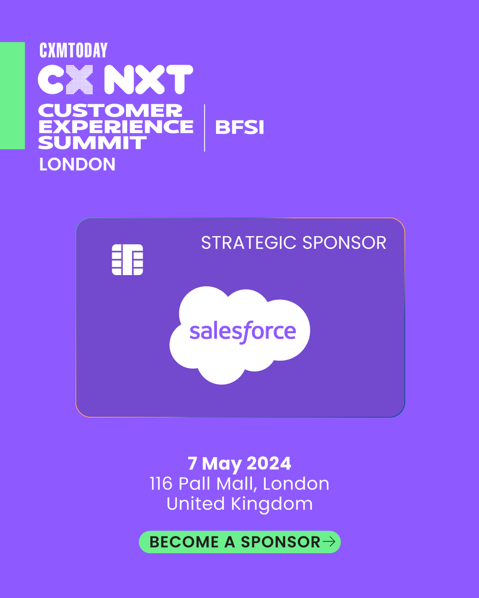 CXM_Today's tweet photo. We're glad to welcome Salesforce as a 𝗦𝘁𝗿𝗮𝘁𝗲𝗴𝗶𝗰 𝗦𝗽𝗼𝗻𝘀𝗼𝗿 for the 𝗖𝗫 𝗡𝗫𝗧 𝗕𝗙𝗦𝗜 𝗦𝘂𝗺𝗺𝗶𝘁, London 2024!

Where: 116 Pall Mall, London
When: 7 May 2024
Explore Sponsorship: https://t.co/5yiVIeGJp5

#CXNXTBFSI #Sponsor #CX #BFSI #CustomerExperience https://t.co/pFhQbJfMYS