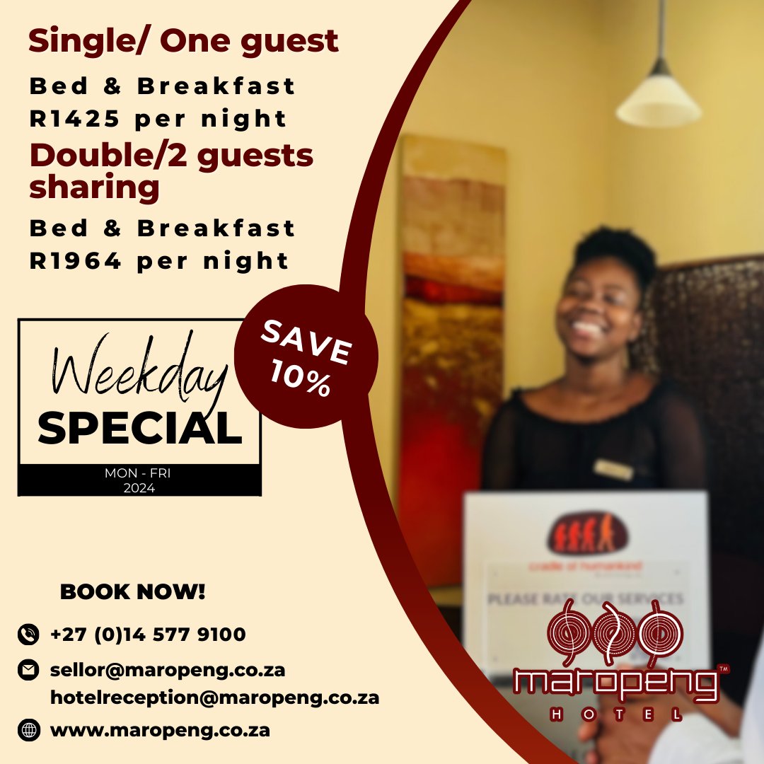 Unwind in tranquillity at #MaropengBoutiqueHotel! #BookNow for our weekday special and save 10% on your stay. Escape the city buzz and immerse yourself in stunning views and serenity. 🌄 #Maropeng #MaropengVisitorCentre #CradleOfTheHumankind #WorldHeritageSite #WeekdayGetaway