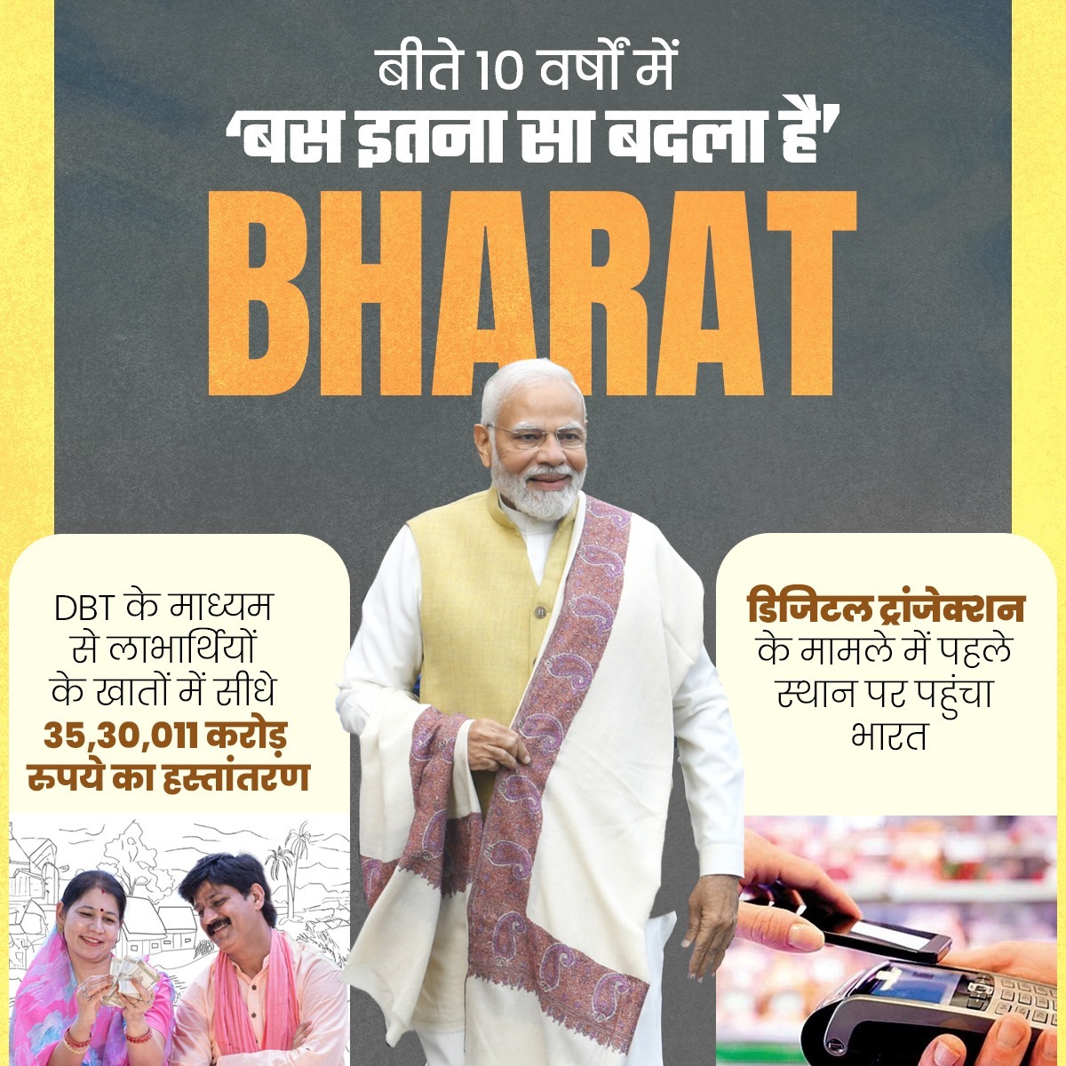 बीते 10 वर्षों में ‘बस इतना सा बदला है’ BHARAT.

तकनीक ने गरीबों का जीवन बनाया आसान; 
डिजिटल ट्रांजेक्शन में भारत को मिला पहला स्थान।