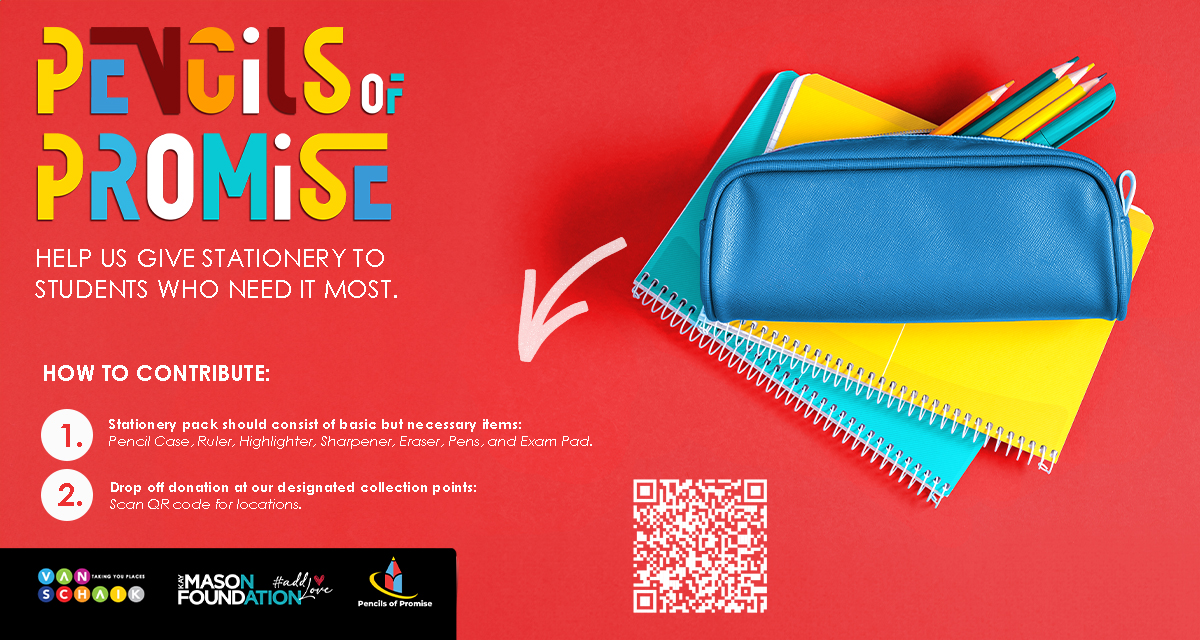 vanschaik1's tweet photo. Your donation can change lives! Help students thrive by contributing to the PENCILS OF PROMISE stationery drive. Every pencil case and pen makes a difference. Drop off your donations at our designated collection points today! Scan to see participating stores. #pencilsofpromise https://t.co/WfaVWCfB8q