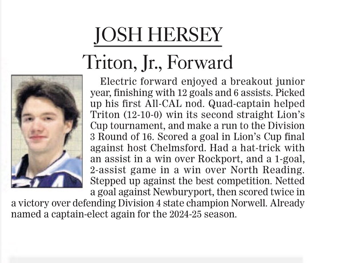 🚨 Newburyport Daily News All-Stars 🚨

Congrats to D Jack Lindholm, G Gavin Marengi &amp; F Josh Hersey for being named Newburyport Daily News All-Stars. Honorable mention honors for F Luke Sullivan, F Connor Rumph, F Mason Colby &amp; D Michael Taylor 

newburyportnews.com/sports/daily-n…