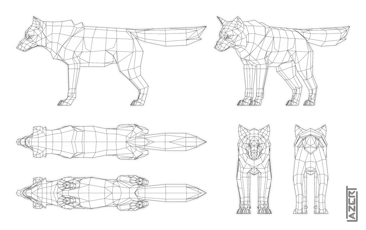 Some still renders of my wolf model from various angles (materials and wireframe)

#blender3D #lowpoly