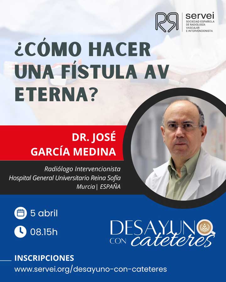 SERVEISoc's tweet photo. 🤔 ¿Cómo hacer una fístula arteriovenosa eterna?
El Dr. José García Medina nos lo contará este viernes en #DesayunoConCatéteres ☕
¡Te esperamos! 👇
https://t.co/1jfWHVTnU8
#RadiologiaIntervencionista #IRad #FOAMIR https://t.co/PfDWR3wRGk