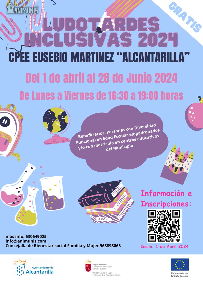 🎒Comienza el nuevo servicio gratuito municipal Ludotardes Inclusivas, para familias con menores con diversidad funcional. Todas las tardes, de 16:30 a 19:00h en el CPEE Eusebio Martínez Inscripciones abiertas ℹ️ acortar.link/hc8H9A #Alcantarilla