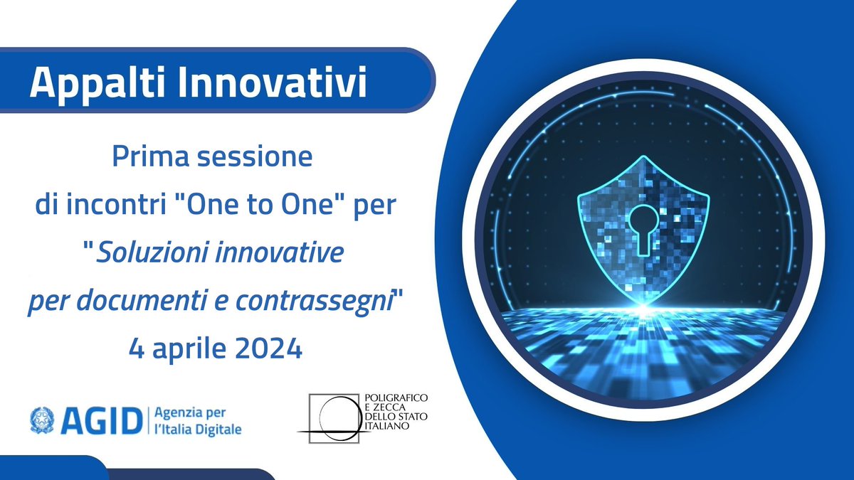 #appaltinnovativi Domani 4 aprile dalle 10 alle 13, l'Istituto Poligrafico e Zecca dello Stato e AgID hanno organizzato la prima sessione di “One to One” per l’appalto innovativo “Soluzioni tecnologiche per documenti e contrassegni”. Per partecipare: tinyurl.com/2px2xs7y