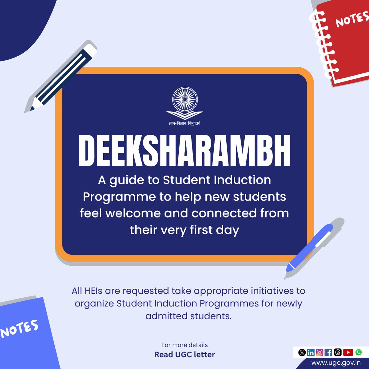 UGC letter regarding 'Deeksharambh'- A guide to Student Induction Programme which can be accessed at: ugc.gov.in/e-book/DEEKSHA…, to make the transition from Secondary to College/University effortless. Read here: ugc.gov.in/pdfnews/060107… @PMOIndia @EduMinOfIndia @PIB_India