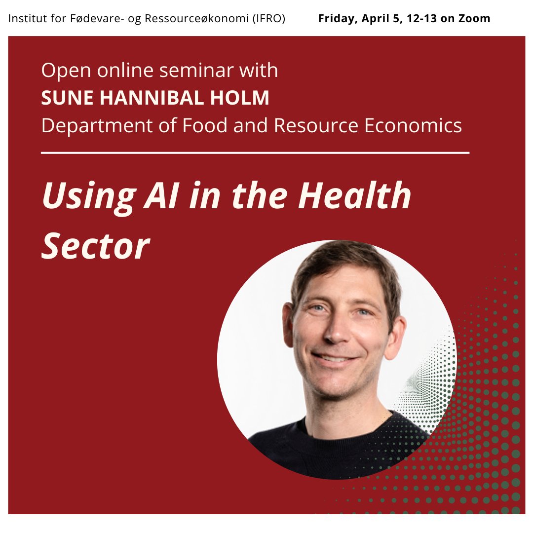 Join us Friday when Associate Professor Sune Holm gives his online seminar “Using AI in the Health Sector”. Sune is an expert on #AI and has published several research articles about ethical dilemmas of #artificialintelligence 👉Zoom link: ifro.ku.dk/english/events… #sundpol #dksund