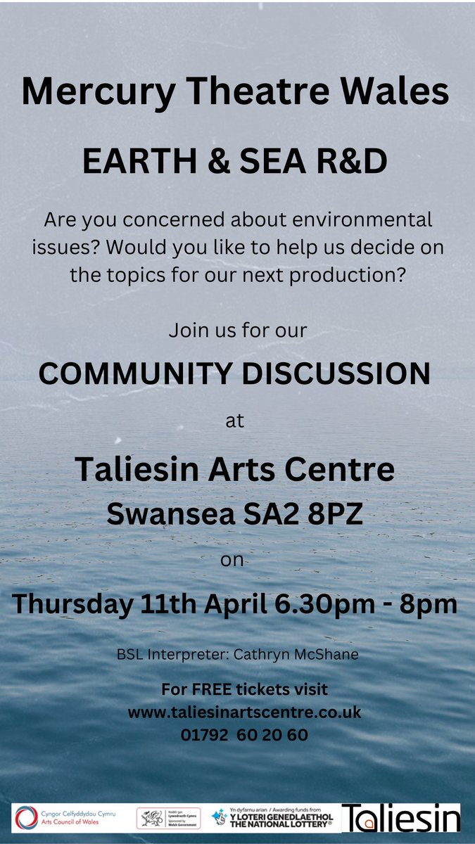 People of #Swansea! Are you concerned about environmental issues? Would you like to help ⁦@MercuryTheatre1⁩ decide on topics for their next production? If so, please come along to ⁦@TaliesinSwansea⁩ 11.04.24 Tickets are free! ⁦@EnvCentre⁩ ⁦@SwanseaFoE⁩